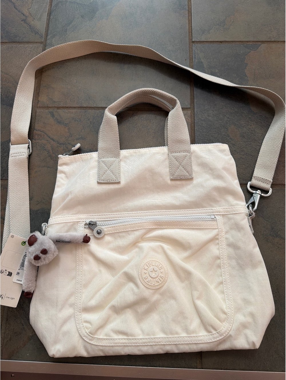 NWT Kipling Eleva Convertible Tote Crossbody Monkey Keychain Alabaster Tonal